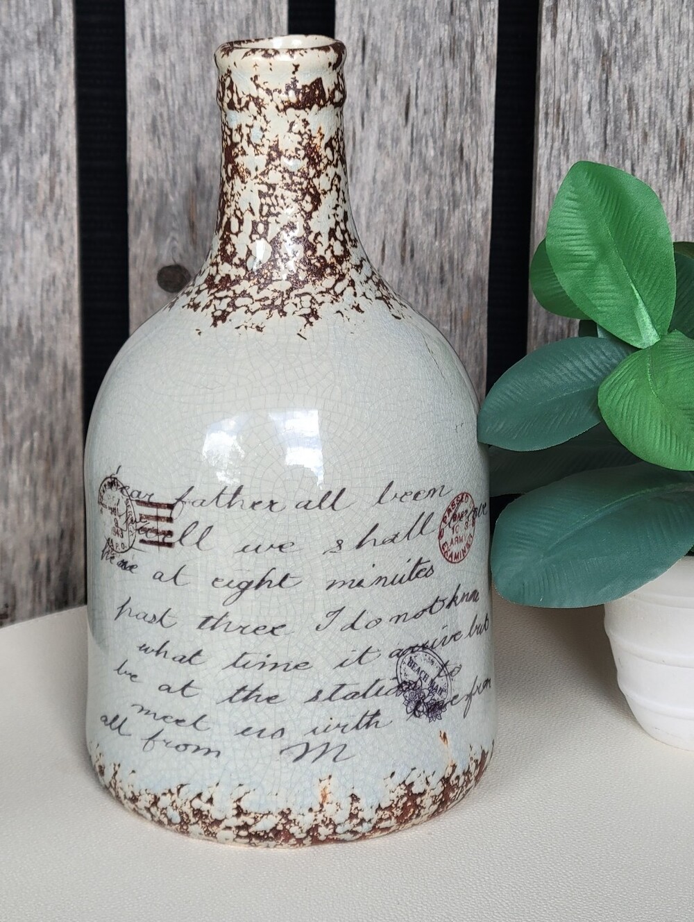 Deco 79 Vintage Script Ceramic Bottle Vase in Cream and Brown
